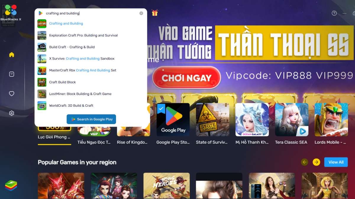 Khởi chạy BlueStacks và nhập "Crafting and Building apk" hoặc "Crafting and Building apk tiếng Việt"