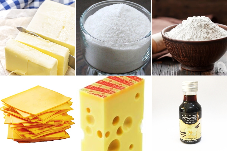 Nguyên liệu làm bánh quy phô mai.