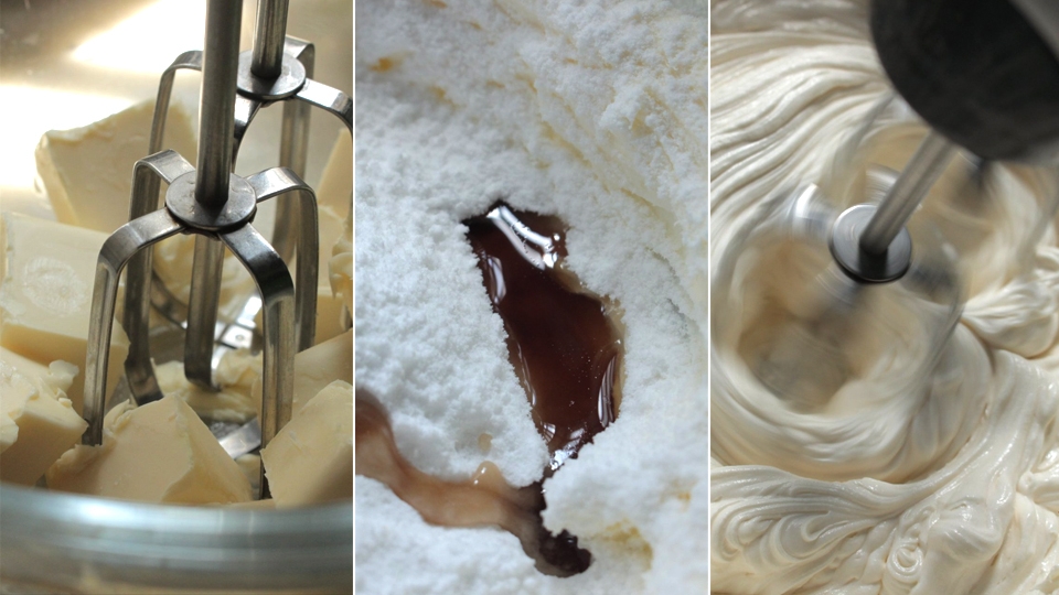 Đánh nhuyễn bơ cùng đường xay, vanilla và muối.