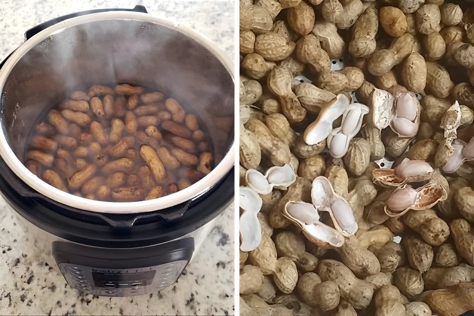 Nồi áp suất đang nấu đậu phộng và nhiều vỏ đậu phộng đã bóc tách trên bề mặt.