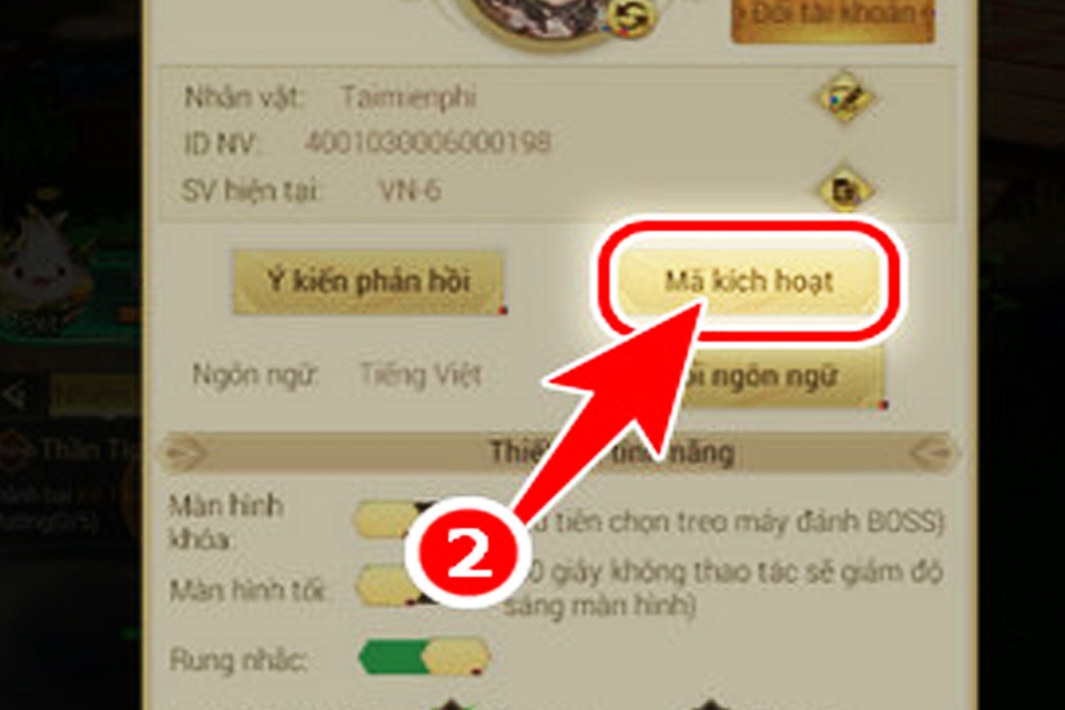 Nhấn vào nút Mã kích hoạt để bắt đầu nhập mã code game.