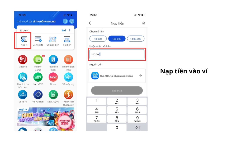 Hướng dẫn nạp tiền vào ví
