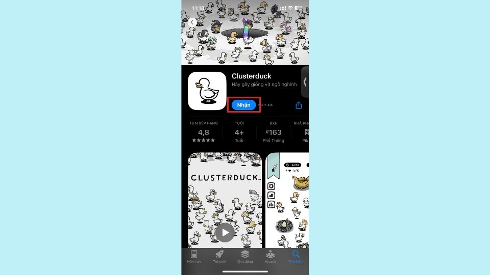 Nhấn nút "Nhận" để tải xuống game "Clusterduck"