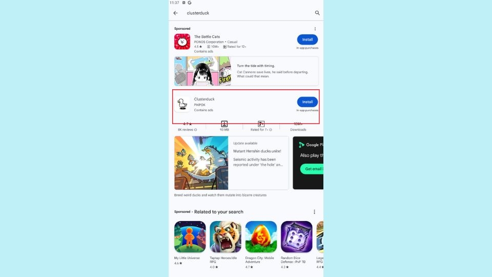 Nhấn vào biểu tượng game Clusterduck