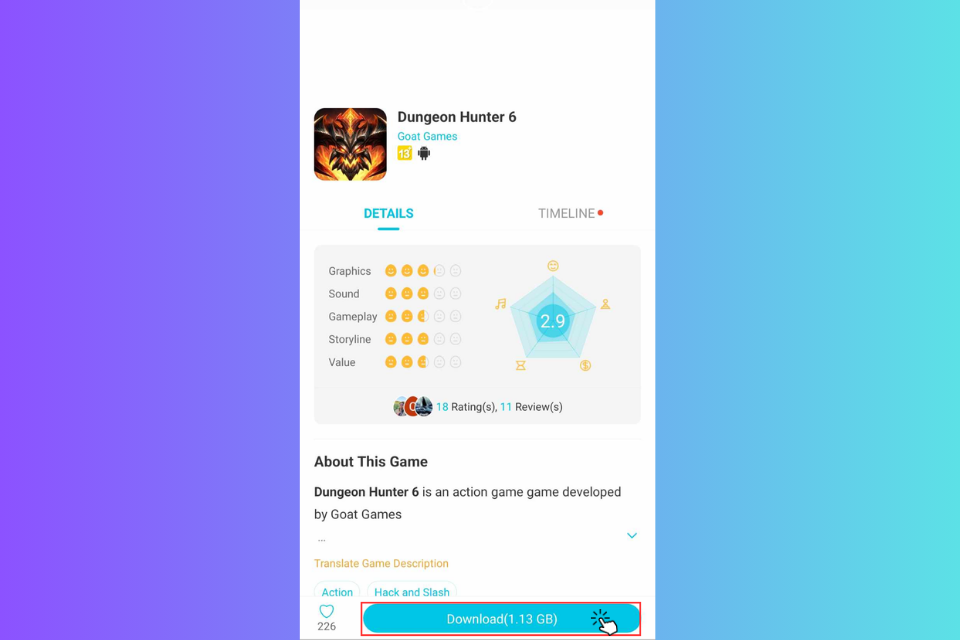 Nhấn vào ứng dụng Dungeon Hunter 6 chọn Download sau đó chờ ứng dụng tải xuống và cài đặt