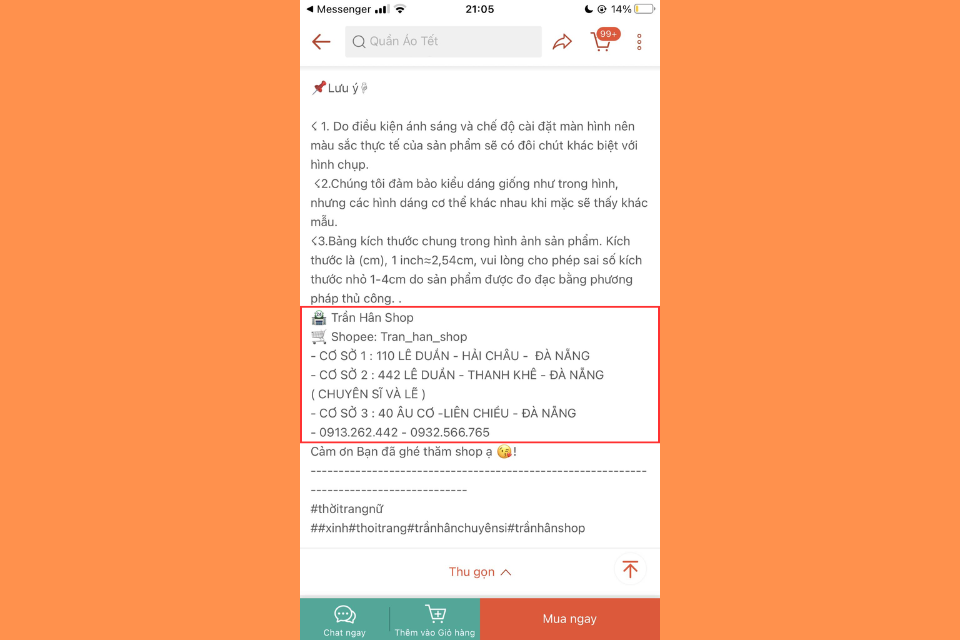 Địa chỉ của cửa hàng sẽ hiển thị trong mục Mô tả sản phẩm