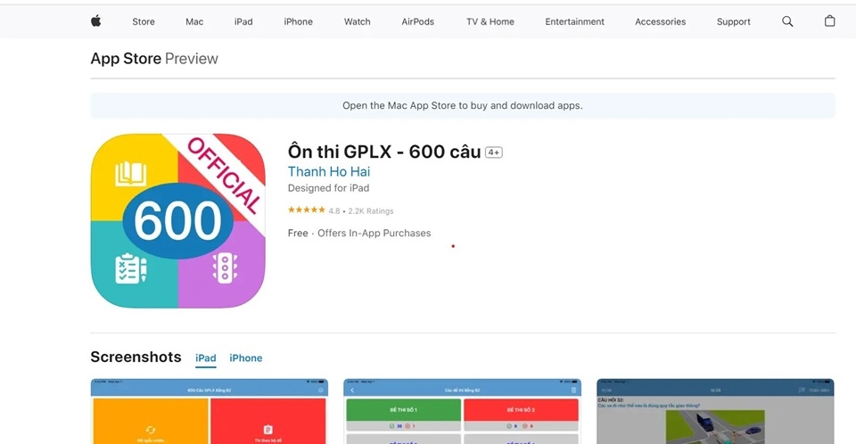 Giao diện tải phần mềm thi lý thuyết lái xe B2 trên iOS