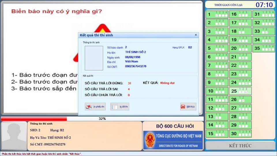 Kết quả thi thử hiện lên ngay sau khi bạn hoàn tất bài thi
