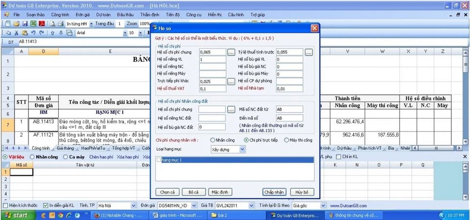 Lập dự toán chi tiết trên G8 dễ dàng