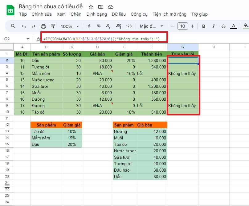 Cách dùng hàm ISNA trong phần mềm Google Sheets dễ hiểu qua ví dụ 10