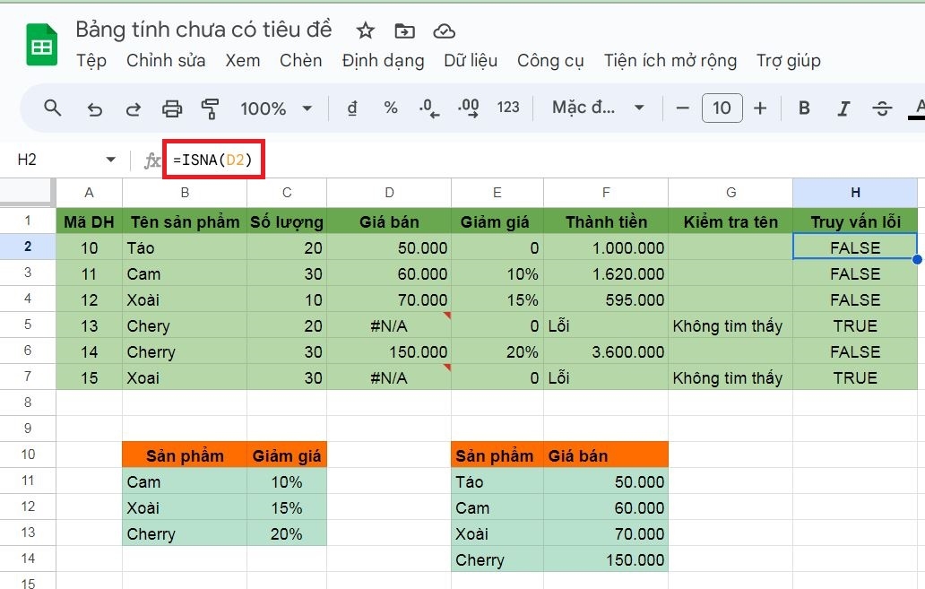 Cách dùng hàm ISNA trong phần mềm Google Sheets dễ hiểu qua ví dụ 1