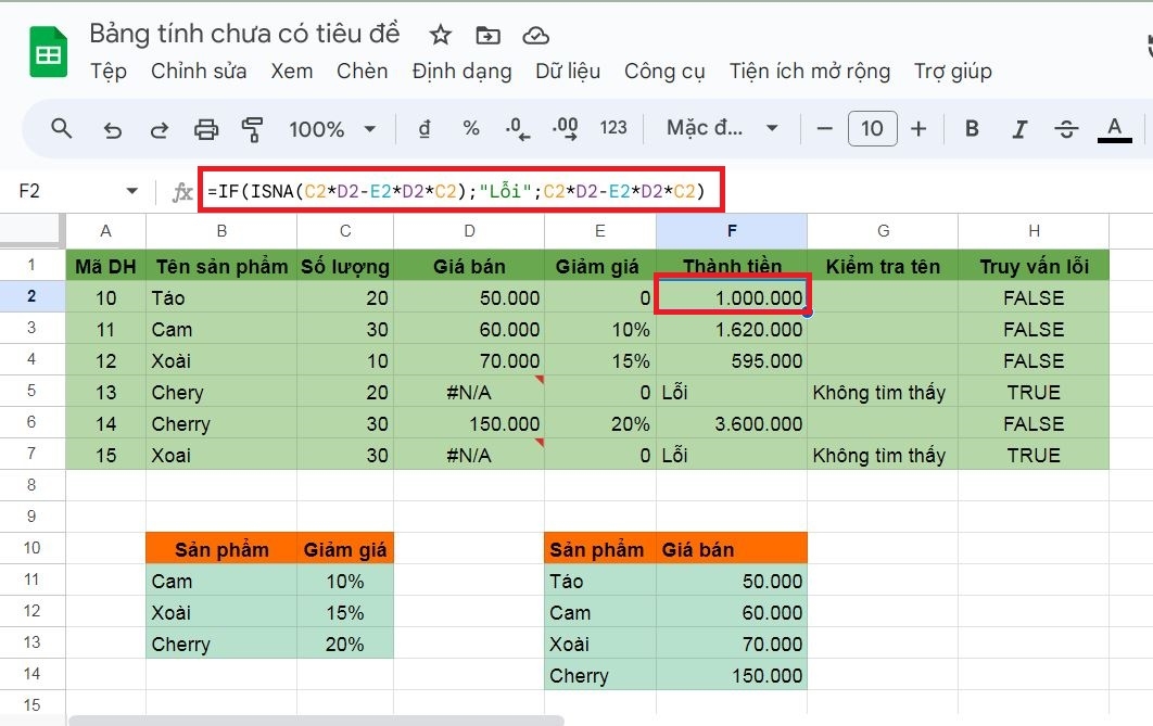 Cách dùng hàm ISNA trong phần mềm Google Sheets dễ hiểu qua ví dụ 3