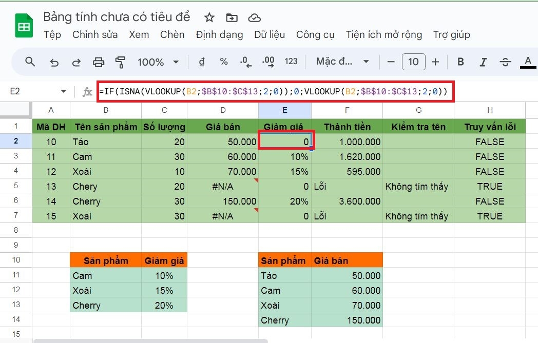 Cách dùng hàm ISNA trong phần mềm Google Sheets dễ hiểu qua ví dụ 5