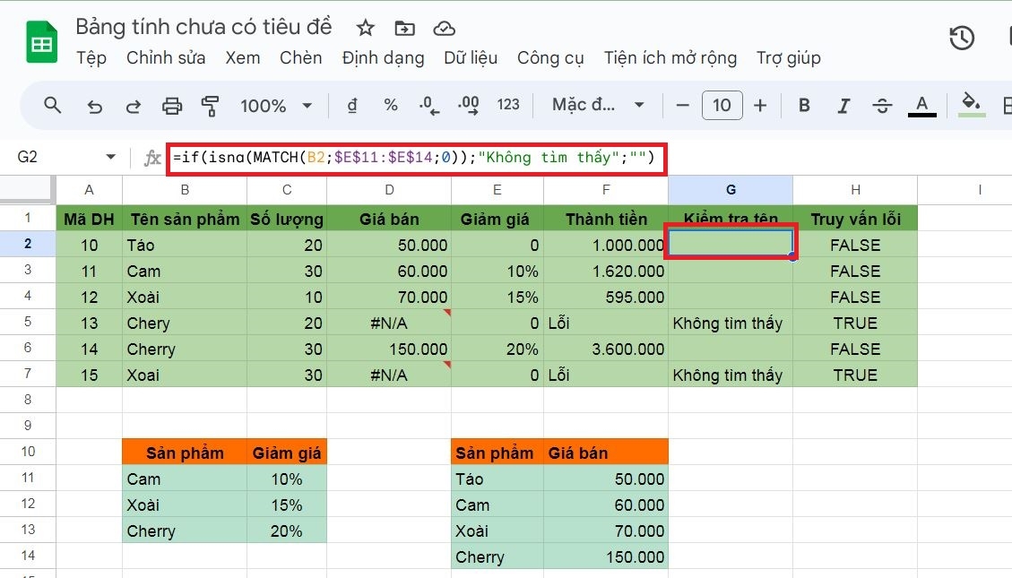 Cách dùng hàm ISNA trong phần mềm Google Sheets dễ hiểu qua ví dụ 7
