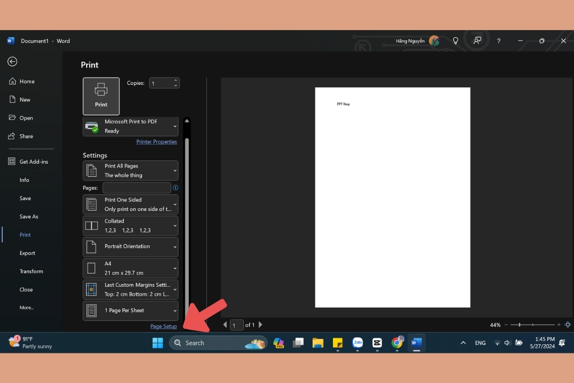 Bước 1: Mở tài liệu và chọn tab Page Setup