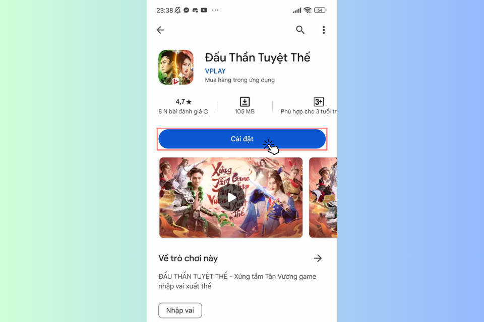 Nhấn vào nút Cài đặt để tiến hành cài đặt Đấu Thần Tuyệt Thế về điện thoại