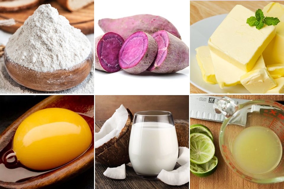 Nguyên liệu cần chuẩn bị để làm bánh tart khoai lang tím.