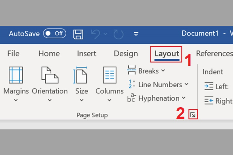 Nhấn vào mũi tên nhỏ ở mục Page Setup.