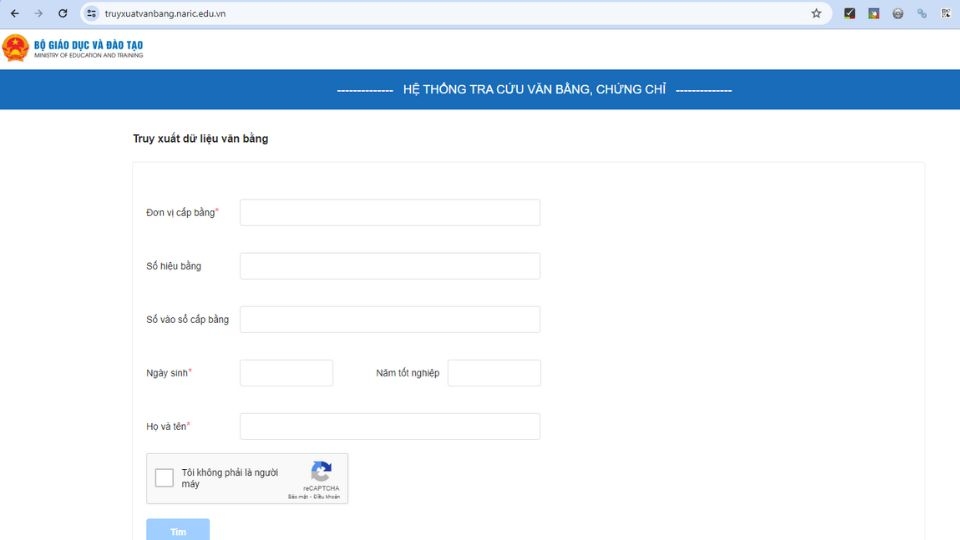 Điền thông tin truy xuất dữ liệu văn bằng