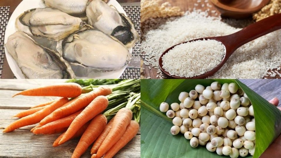 Nguyên liệu làm cháo hạt sen nấu ruột hàu sữa.