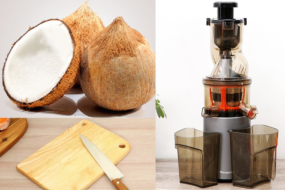Nguyên liệu chuẩn bị ép nước cốt dừa bằng máy ép chậm.