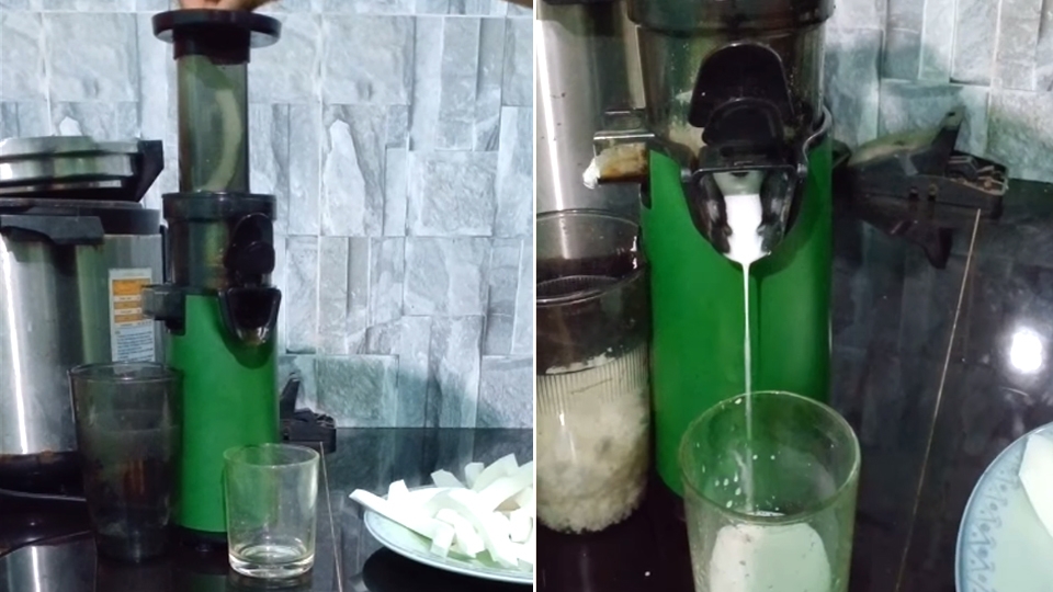 Ép nước cốt dừa bằng máy ép chậm.
