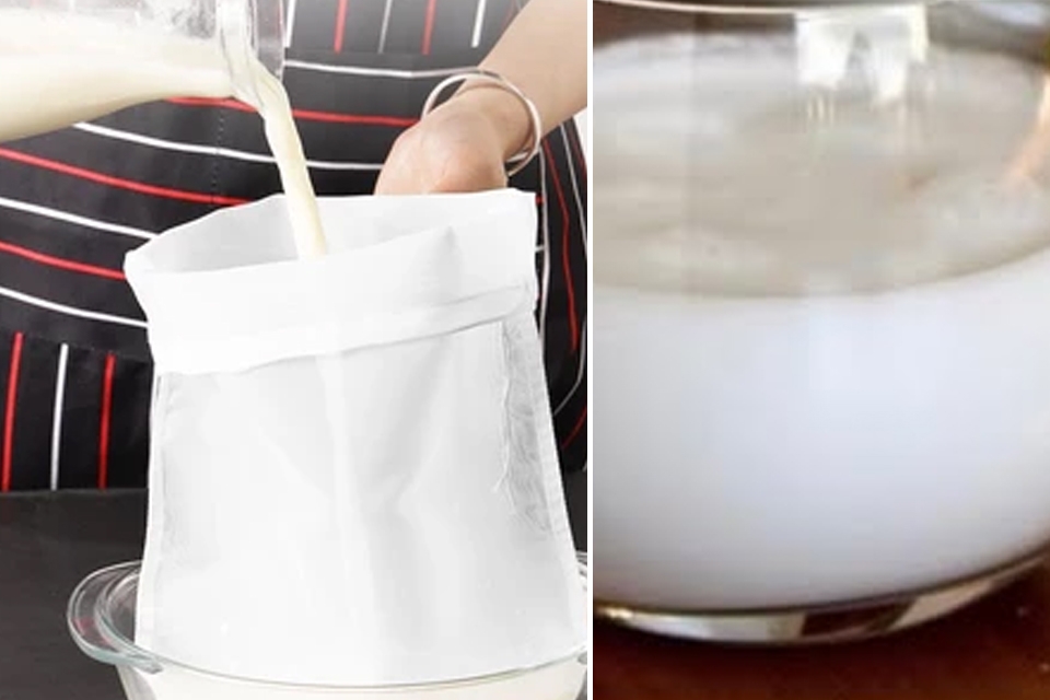 Lọc nước cốt dừa bằng túi lọc để loại bỏ cặn.