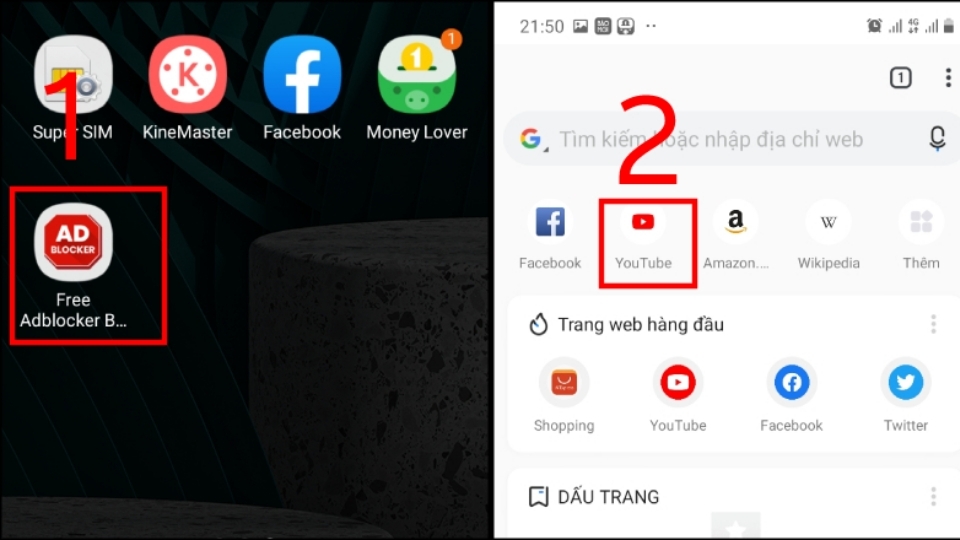 Tải Adblock Browser => truy cập website bằng cách nhập vào thanh tìm kiếm trên Adblock Browser