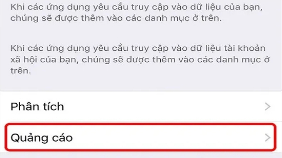 Kéo xuống chọn Quảng cáo