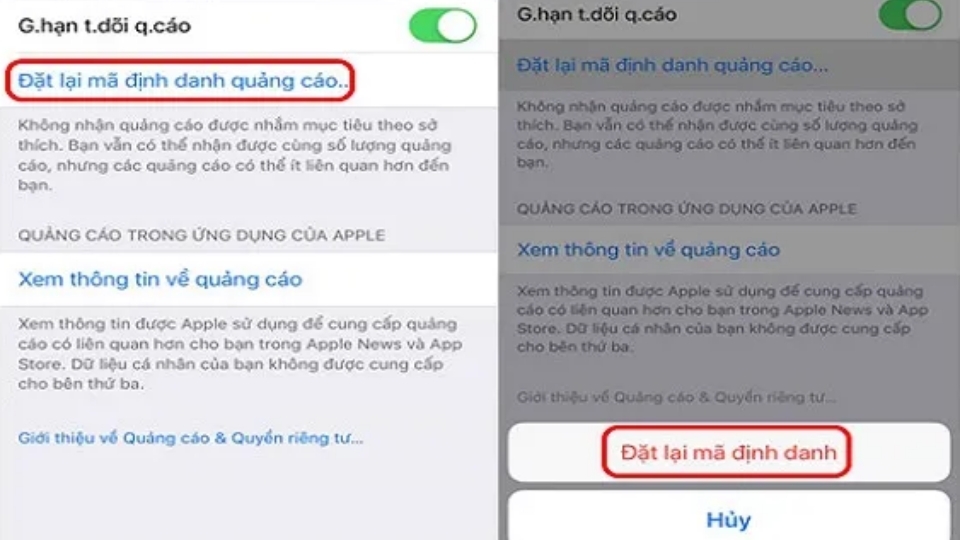 Chọn Đặt lại mã định danh quảng cáo rồi chọn tiếp Đặt lại mã định danh