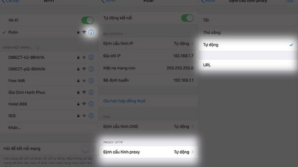 Mở Cài đặt trên điện thoại => chọn WiFi => Ở mục Định cấu hình proxy, bạn chọn Tự động