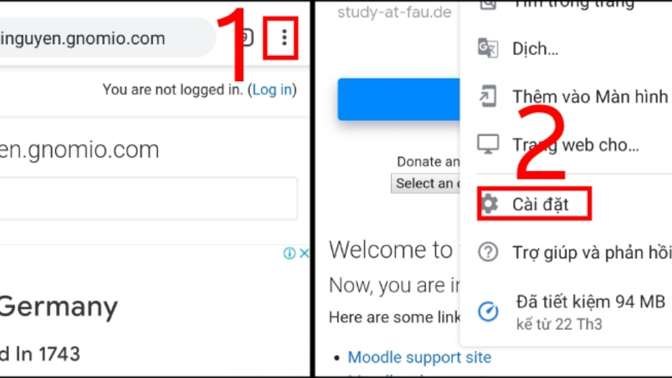 Mở Chrome trên smartphone => chọn dấu 3 chấm ở góc trên bên phải => chọn Cài đặt