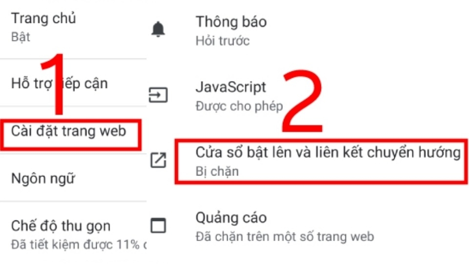 Chọn Cài đặt trang web => Cửa sổ bật lên và liên kết chuyển hướng => kéo thanh trượt sang chế độ OFF