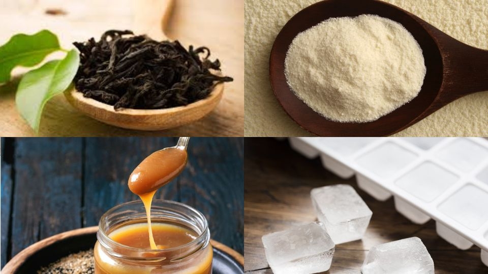 Nguyên liệu để pha trà sữa caramel.