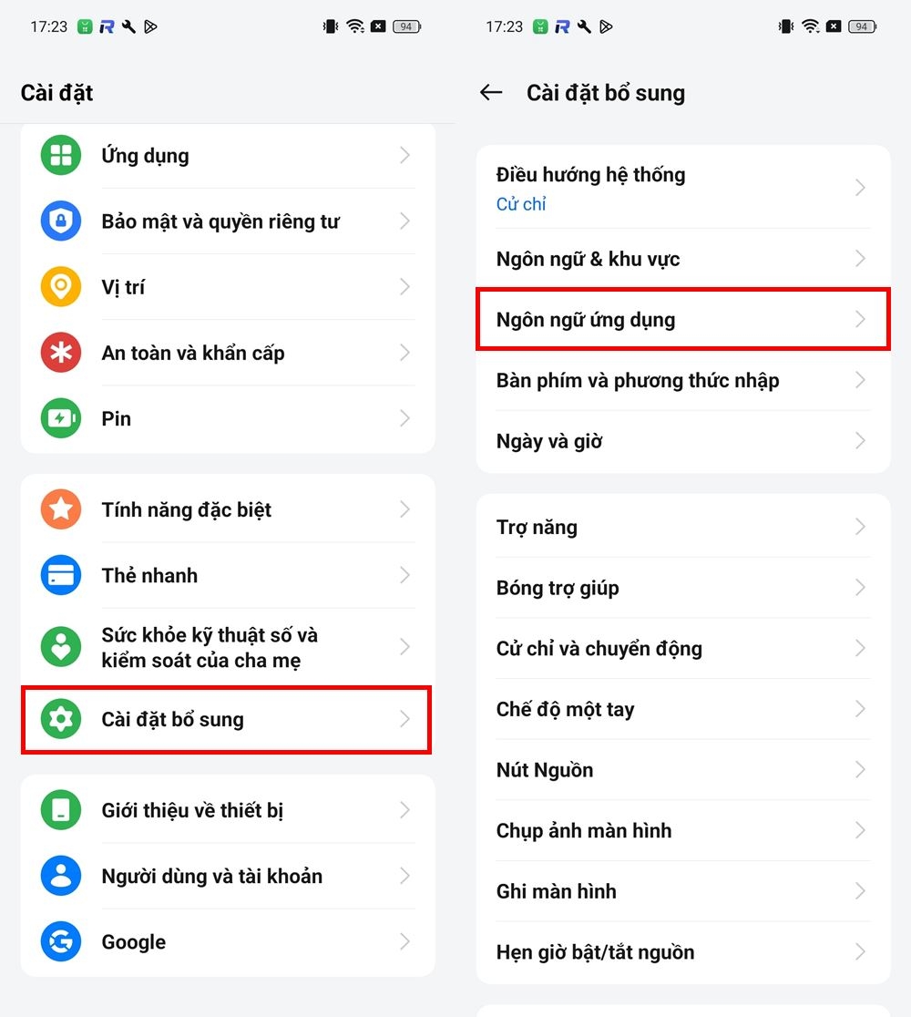 Cách chỉnh ngôn ngữ cho ứng dụng cụ thể trên OPPO 1