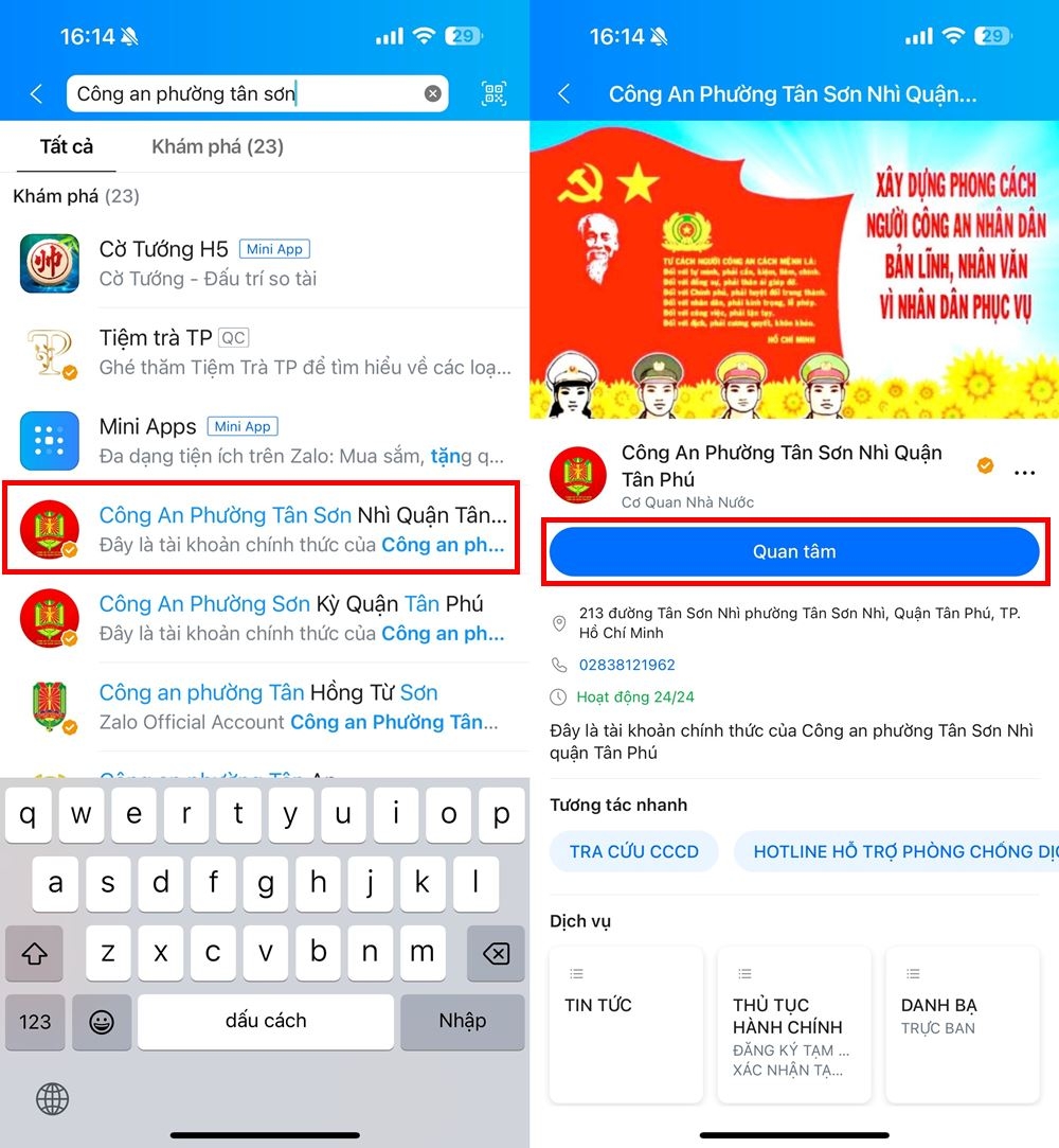 Cách tra cứu số điện thoại Công an phường, quận ngay trên Zalo 1