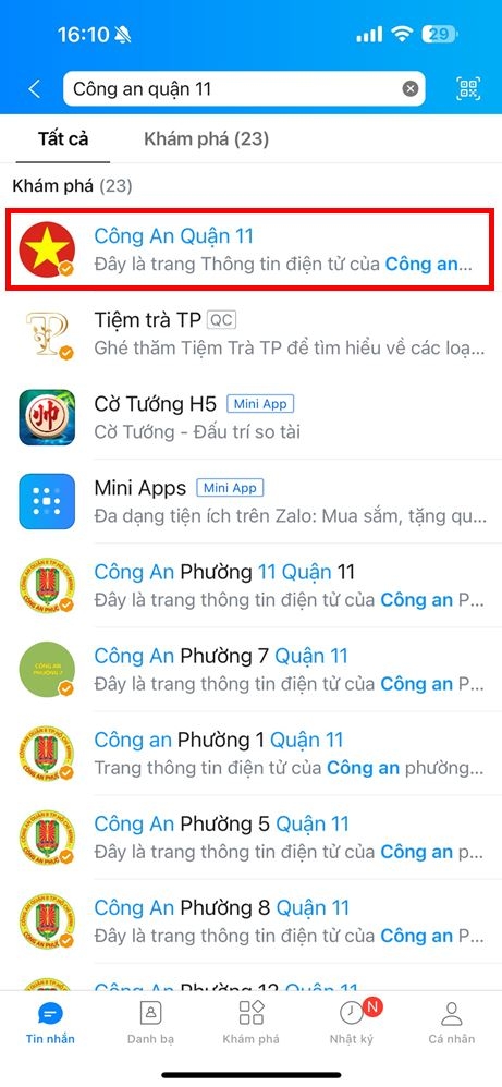 Cách tra cứu số điện thoại Công an phường, quận ngay trên Zalo 4