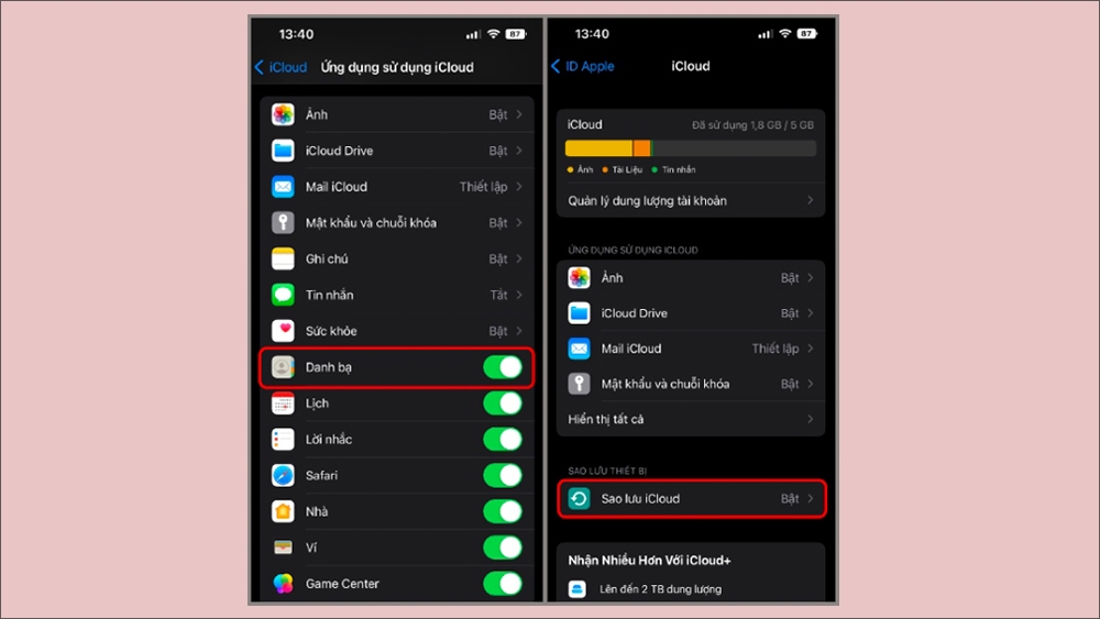 Nhấn vào mục Sao lưu iCloud