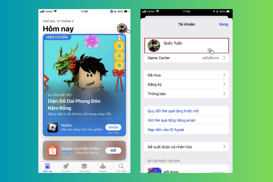 Nhấn vào ô trang cá nhân nằm ở góc trên bên phải màn hình, sau đó chọn mục Apple ID của bạn