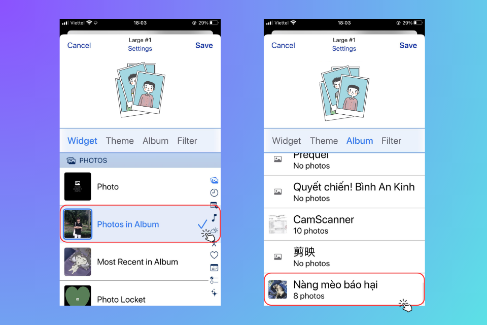 Mở ứng dụng Widget Smith, chọn kích thước widget -> chọn Photos in Album