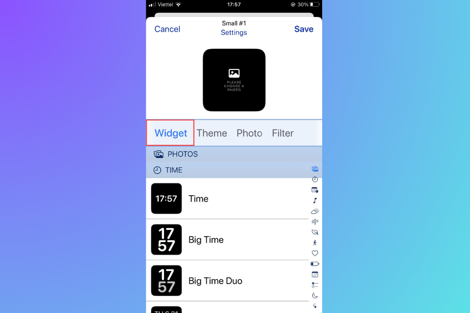 Nhấn vào widget mà muốn tùy chỉnh để mở giao diện tùy chỉnh