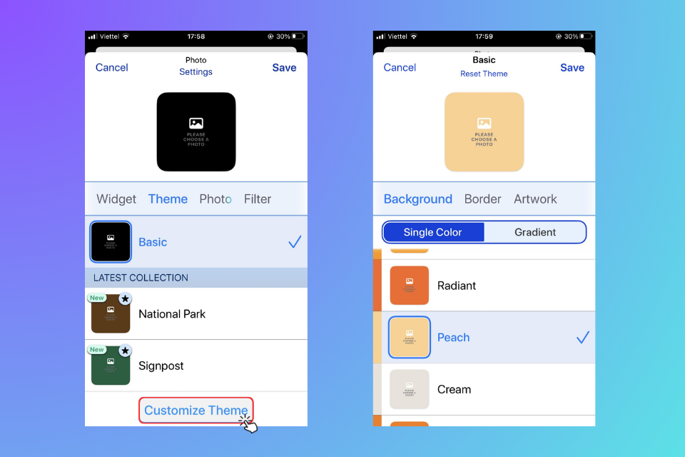 Để widget của bạn trở nên đẹp hơn hãy nhấn vào mục Theme