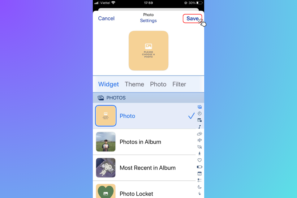 Sau khi thiết lập hoàn tất widget của mình, hãy nhấn vào nút Save để lưu lại