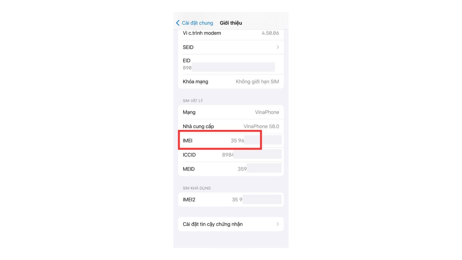Kéo xuống, bạn sẽ thấy xuất hiện thông tin IMEI của thiết bị