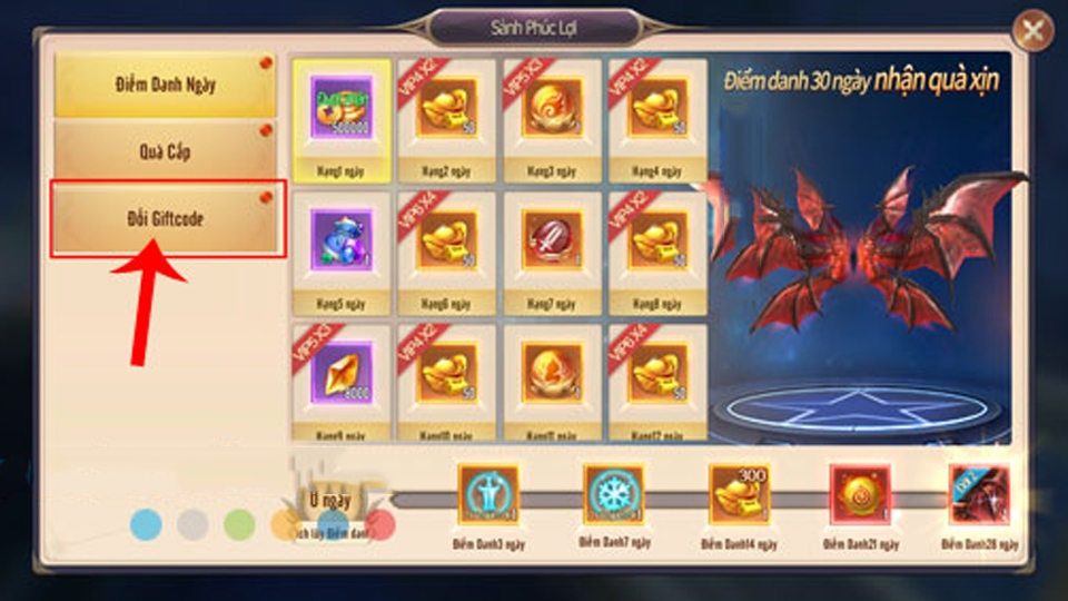 Tại khung cửa sổ Sảnh Phúc lợi, bạn hãy chạm vào mục Đổi Giftcode.