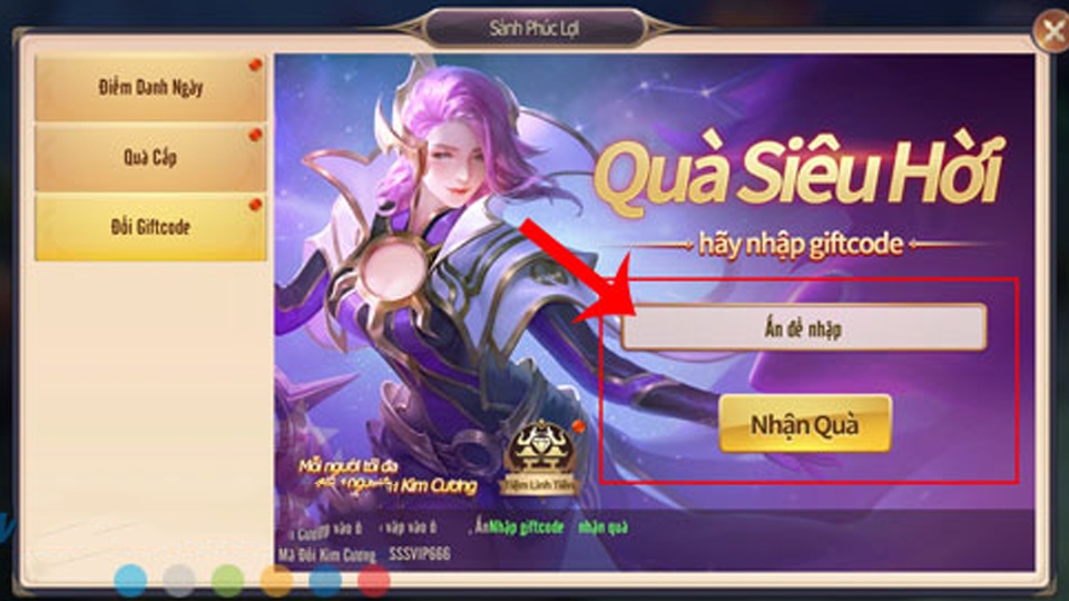 Tiến hành nhập mã giftcode Tuyệt Thế Kiếm Vương và ấn vào Nhận quà.