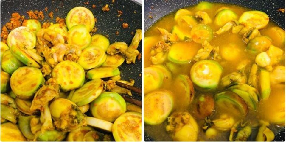 Cào thịt ếch cùng cà xanh và mẻ.