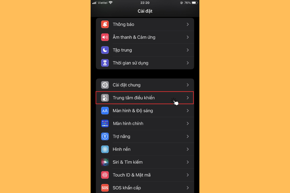 Bạn nhấn vào Cài Đặt sau đó chọn mục Trung tâm điều khiển