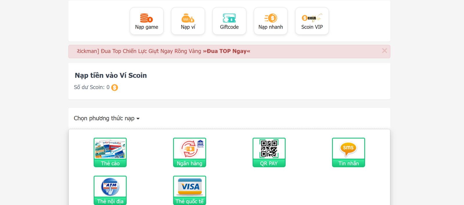 Cách nạp Scoin qua trang web Scoin