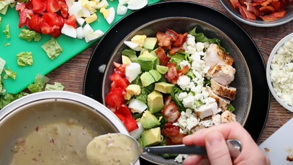Trộn các nguyên liệu đã sơ chế cùng nước sốt tạo thành món Cobb salad.